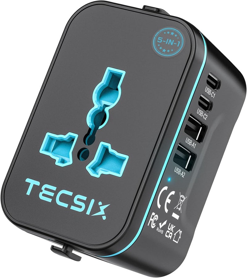 TECSIX Universal Travel Adapter Worldwide, European Travel Plug Adapter with 2 USB C, 2 USB A and Multi AC Outlets, International Power Converter for EU US UK AUS 200+ Countries Type A C G I - Image 1
